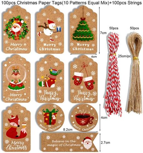 شولمارت بطاقات هدايا من ورق كرافت للكريسماس مع خيط، بطاقات تعليق ورقية للكريسماس، بطاقات هدايا مع خيط جوت بطول 100 قدم للفنون والحرف اليدوية وحفلات الكريسماس وعيد الشكر، عبوة من 100 قطعة in Kuwait