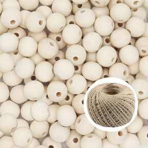 خرز خشبي من THYSSEN 400 قطعة 16 مم خرز خشبي مستدير طبيعي غير مكتمل خرز فاصل خشبي فضفاض مع خيوط الجوت 20 متر لصنع ديكور المنزل المزرعة والحرف اليدوية in Kuwait