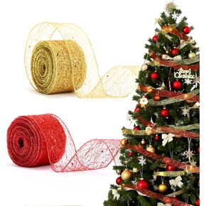 LEMESO 2 Pack 2 inch Wide Christmas Wired Ribbon Giltter Ribbon with Stars Christmas Tree Decorations Wrap Wreath DIY 10 Yards for Each Roll