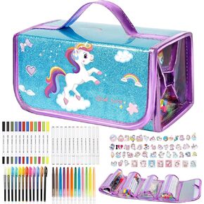 KONP 99pcs علامات يونيكورن قابلة للغسل للأطفال مع مقلمة لامعة، مجموعة رسم الحرف الفنية للأطفال الذين تتراوح أعمارهم بين 8-12، هدايا عيد ميلاد يونيكورن للفتيات 4 5 6 7 8 10 سنوات in Saudi Arabia