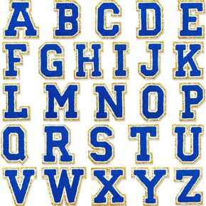 26 Pieces Chenille Letter Patches Iron On Letters Patch Letter Patches Glitter Chenille Patches A-Z Patch Embroidered Patch Gold Border Sew On Patches for Clothing Hat Shirt Bag (Blue, White) in Kuwait