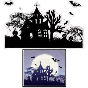 Threetols Halloween Clear Stamps for Card Making, Tree Background Clear Rubber Stamps Witch Bat Pumpkin Stamps for Holiday Card Making Decor DIY Scrapbooking Transparent Album Decor Paper Craft