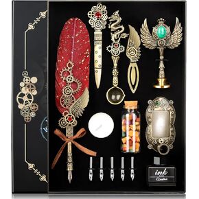 مجموعة حبر قلم CunMei Quill مع ختم الشمع، وقلم ريشة، مزيج من أنماط الشرير والرجعية، كل من مجموعة أقلام الخط ومجموعة ختم ختم الشمع، مناسبة لمحبي الخط من جميع الأعمار (أحمر) in Kuwait