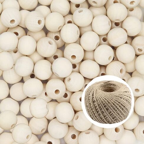 خرز خشبي من THYSSEN 400 قطعة 16 مم خرز خشبي مستدير طبيعي غير مكتمل خرز فاصل خشبي فضفاض مع خيوط الجوت 20 متر لصنع ديكور المنزل المزرعة والحرف اليدوية in Kuwait