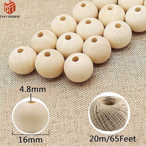 خرز خشبي من THYSSEN 400 قطعة 16 مم خرز خشبي مستدير طبيعي غير مكتمل خرز فاصل خشبي فضفاض مع خيوط الجوت 20 متر لصنع ديكور المنزل المزرعة والحرف اليدوية in Kuwait