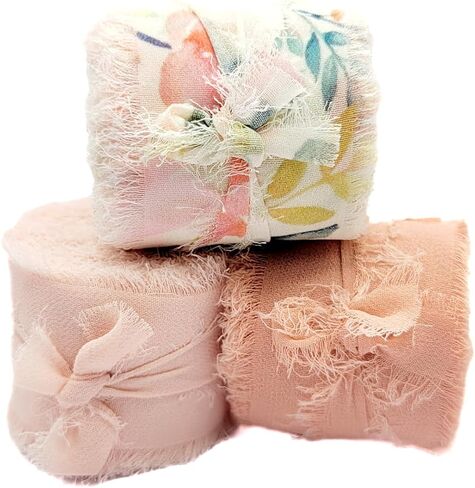 SIMPLE and THINGS Fringe Chiffon Ribbon, 1.5" X 18 Yds Total, Fine and Elegant Ribbon, Use for Wedding Invitations, Bridal Bouquets, Gift Wrapping, Invites (Blue, Lavender, Floral) in Kuwait