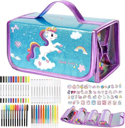KONP 99pcs علامات يونيكورن قابلة للغسل للأطفال مع مقلمة لامعة، مجموعة رسم الحرف الفنية للأطفال الذين تتراوح أعمارهم بين 8-12، هدايا عيد ميلاد يونيكورن للفتيات 4 5 6 7 8 10 سنوات in Saudi Arabia