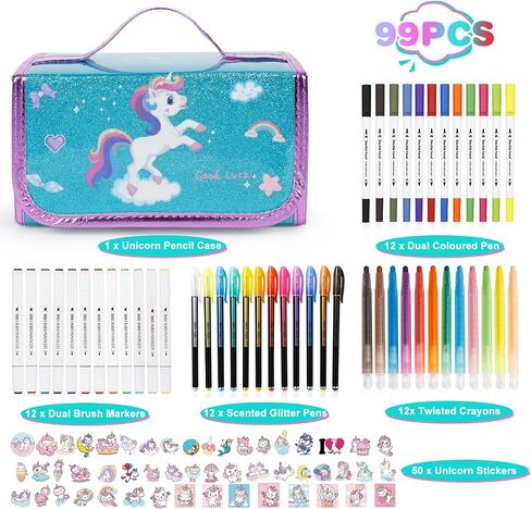 KONP 99pcs علامات يونيكورن قابلة للغسل للأطفال مع مقلمة لامعة، مجموعة رسم الحرف الفنية للأطفال الذين تتراوح أعمارهم بين 8-12، هدايا عيد ميلاد يونيكورن للفتيات 4 5 6 7 8 10 سنوات in Saudi Arabia