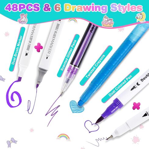 KONP 99pcs علامات يونيكورن قابلة للغسل للأطفال مع مقلمة لامعة، مجموعة رسم الحرف الفنية للأطفال الذين تتراوح أعمارهم بين 8-12، هدايا عيد ميلاد يونيكورن للفتيات 4 5 6 7 8 10 سنوات in Saudi Arabia