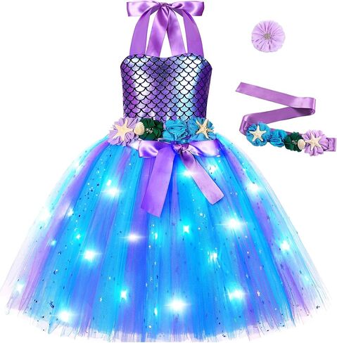 زي حورية البحر الصغيرة من CIFITERY للفتيات فستان حورية البحر المضيء لديكورات عيد ميلاد حورية البحر وهدايا الأميرة في الهالوين in Kuwait