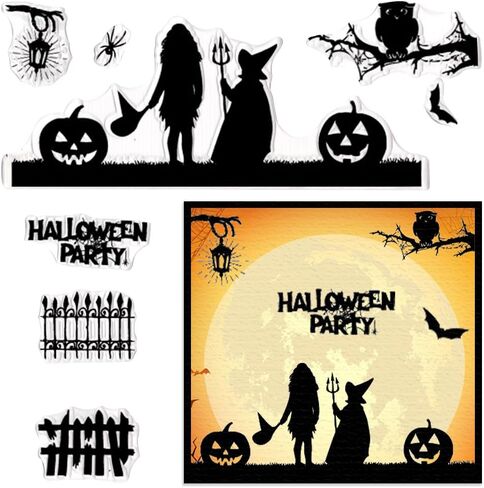 Threetols Halloween Clear Stamps for Card Making, Tree Background Clear Rubber Stamps Witch Bat Pumpkin Stamps for Holiday Card Making Decor DIY Scrapbooking Transparent Album Decor Paper Craft in Kuwait
