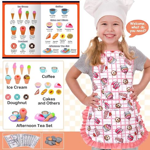 مجموعة ألعاب الآيس كريم 61 قطعة من G.C للأطفال الصغار التظاهر باللعب صانع الآيس كريم متجر مكافحة المئزر مغرفة الحلوى الغذاء اكسسوارات المطبخ Playset الفتيات الفتيان هدايا عيد ميلاد ل3 4 5 6 سنوات من العمر in Kuwait