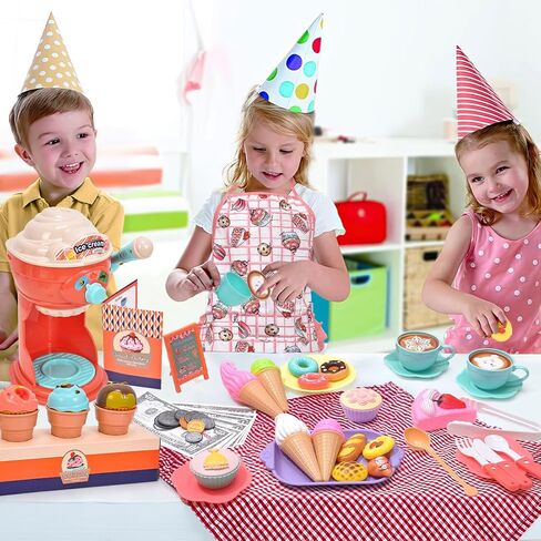 مجموعة ألعاب الآيس كريم 61 قطعة من G.C للأطفال الصغار التظاهر باللعب صانع الآيس كريم متجر مكافحة المئزر مغرفة الحلوى الغذاء اكسسوارات المطبخ Playset الفتيات الفتيان هدايا عيد ميلاد ل3 4 5 6 سنوات من العمر in Kuwait