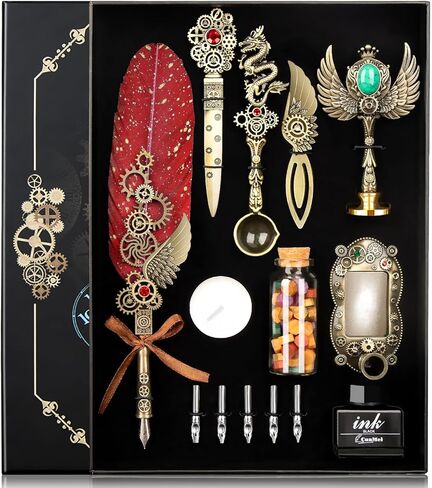 مجموعة حبر قلم CunMei Quill مع ختم الشمع، وقلم ريشة، مزيج من أنماط الشرير والرجعية، كل من مجموعة أقلام الخط ومجموعة ختم ختم الشمع، مناسبة لمحبي الخط من جميع الأعمار (أحمر) in Kuwait