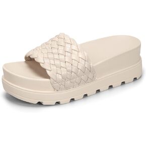 LUCKY STEP Women's Platform Sandals Braided Strap Flatform Slide Open Toe Casual Summer Beach Outdoor Wedge Woven Belt Slipper