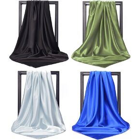 NUWEERIR 4pc Mixed Womens Large Square Scarf Set Silk Feeling Satin Hair Wrapping 35x35 inches in Kuwait