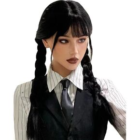 زي شعر مستعار Dafatpig Wednesday Addams مع شعر مستعار أسود طويل للهالوين in Kuwait