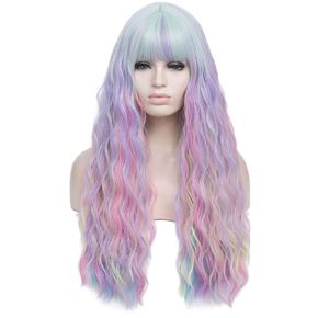 Blue Wig for Women Long Curly Wavy Omber Dark Navy Gradient Blue Hair Wig with Bangs Natural Cute Colorful Wig for Party Mermaid Cosplay Halloween + Cap