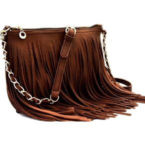 Front and Back Both Side Fringed Soft PU Leather Medium Long Cross Body Messenger Shoulder Bag
