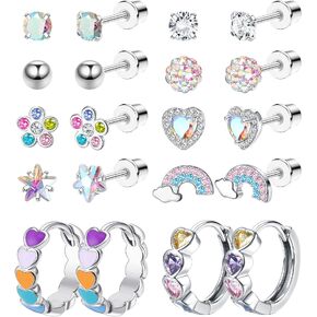 YADOCA 10 Pairs Hypoallergenic Screw Back Earrings for Women Girls Stainless Steel CZ Cute Colorful Butterfly Hoop Screwback Stud Earring Set