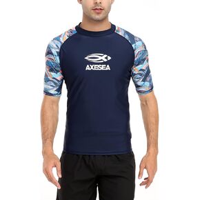 AXESEA Men's Short Sleeve Solid Swimsuit Sun Protection Rashguard Swim Shirt UPF 50+