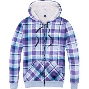 ZENTHACE Women's Sherpa Lined Zip Up Hooded Plaid Shirt Jac Sweater Jacket