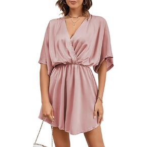 LYANER Women's Satin V Neck Twist Ruffle Flowy Swing Short Sleeve Elegant Mini Dress