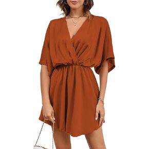 LYANER Women's Satin V Neck Twist Ruffle Flowy Swing Short Sleeve Elegant Mini Dress