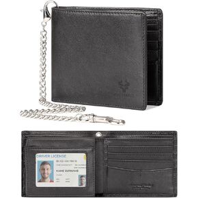 Men's Wallet Leather RFID Blocking Bifold Wallet with Chain Male Cash Credit Card Wallet with 2 ID Window (Black) in Saudi Arabia
