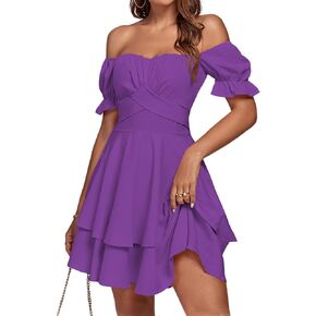 LYANER Women's Tie Back Off Shoulder Wrap Layer Ruffle Short Sleeve Mini Dress in Kuwait