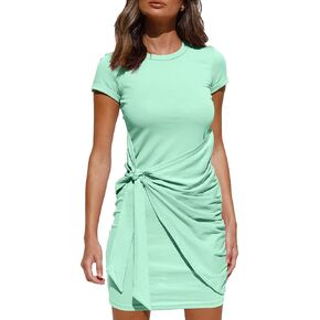 LILLUSORY Women's Casual Short Sleeve Wrap Bodycon Ruched Tie Waist Summer Dress