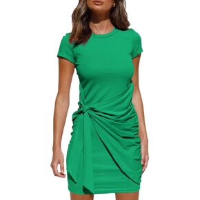 LILLUSORY Women's Casual Short Sleeve Wrap Bodycon Ruched Tie Waist Summer Dress