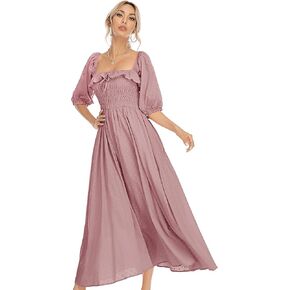R.Vivimos Women Summer Half Sleeve Cotton Ruffled Vintage Elegant Backless A Line Flowy Long Dresses