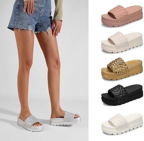 LUCKY STEP Women's Chunky Platform Braided Slide Sandals | Thick Sole Casual Summer Beach Shoes | Braided Strap Open Toe Wedge Woven Belt Slipper in Saudi Arabia