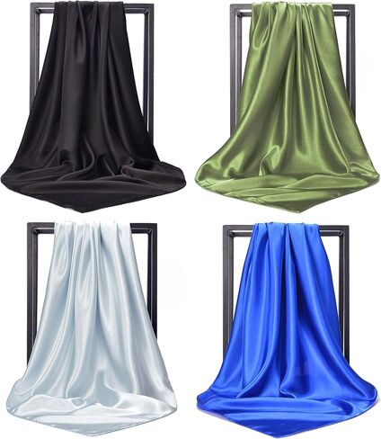 NUWEERIR 4pc Mixed Womens Large Square Scarf Set Silk Feeling Satin Hair Wrapping 35x35 inches in Kuwait