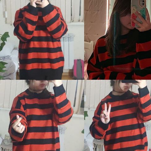 Women Vintage Striped Sweater Knitted Long Sleeve Loose Oversized Pullover Jumper Tops in Kuwait