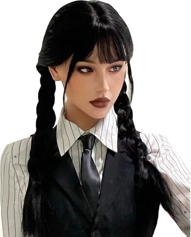زي شعر مستعار Dafatpig Wednesday Addams مع شعر مستعار أسود طويل للهالوين in Kuwait