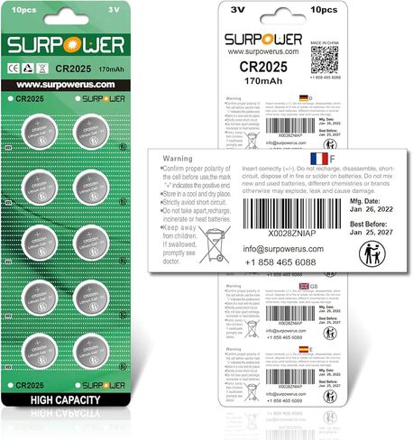 【ضمان لمدة 5 سنوات】بطارية ليثيوم SURPOWER CR2025 3V لحزمة المفاتيح 2025-10 in Kuwait