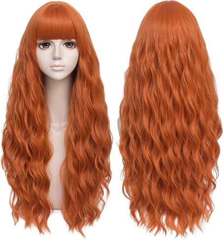 Blue Wig for Women Long Curly Wavy Omber Dark Navy Gradient Blue Hair Wig with Bangs Natural Cute Colorful Wig for Party Mermaid Cosplay Halloween + Cap in Kuwait