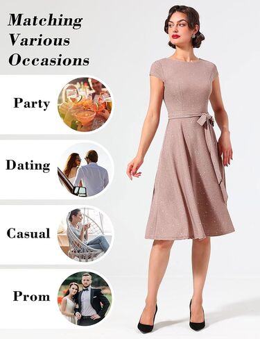 فساتين Dressystar الرسمية للنساء الترتر خمر 1950s ريترو كاب كم كوكتيل مساء حفل زفاف حفلة موسيقية اللباس in Kuwait