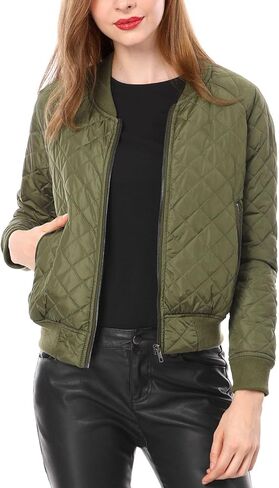 Allegra K Women's Raglan Long Sleeves Quilted Zip Up Bomber Jacket with Pockets in Kuwait