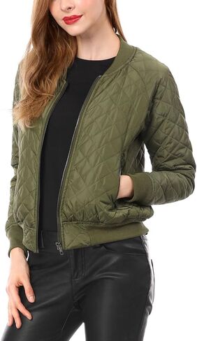 Allegra K Women's Raglan Long Sleeves Quilted Zip Up Bomber Jacket with Pockets in Kuwait