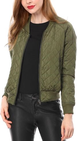 Allegra K Women's Raglan Long Sleeves Quilted Zip Up Bomber Jacket with Pockets in Kuwait