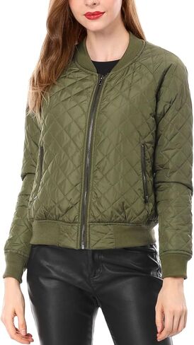 Allegra K Women's Raglan Long Sleeves Quilted Zip Up Bomber Jacket with Pockets in Kuwait
