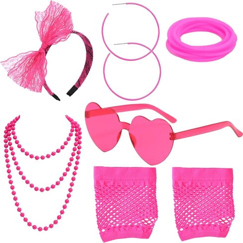 SAMOCO 80s طقم ملابس إكسسوارات للنساء النيون الدانتيل عقال أقراط شبكة صيد السمك قفازات قلادة سوار لحفلة 80 in Kuwait