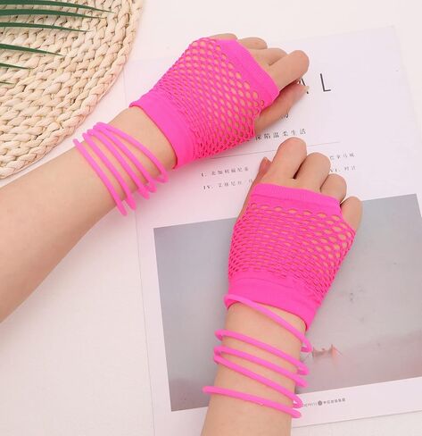 SAMOCO 80s طقم ملابس إكسسوارات للنساء النيون الدانتيل عقال أقراط شبكة صيد السمك قفازات قلادة سوار لحفلة 80 in Kuwait