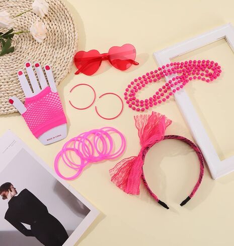 SAMOCO 80s طقم ملابس إكسسوارات للنساء النيون الدانتيل عقال أقراط شبكة صيد السمك قفازات قلادة سوار لحفلة 80 in Kuwait