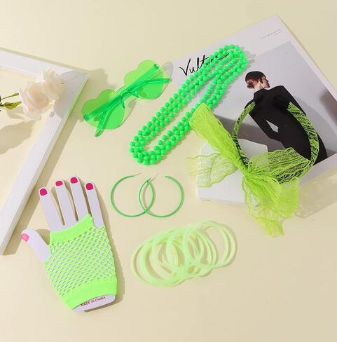 SAMOCO 80s طقم ملابس إكسسوارات للنساء النيون الدانتيل عقال أقراط شبكة صيد السمك قفازات قلادة سوار لحفلة 80 in Kuwait