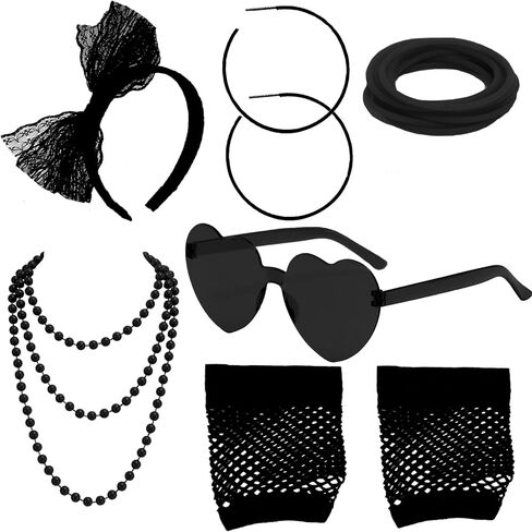 SAMOCO 80s طقم ملابس إكسسوارات للنساء النيون الدانتيل عقال أقراط شبكة صيد السمك قفازات قلادة سوار لحفلة 80 in Kuwait