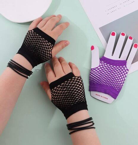 SAMOCO 80s طقم ملابس إكسسوارات للنساء النيون الدانتيل عقال أقراط شبكة صيد السمك قفازات قلادة سوار لحفلة 80 in Kuwait